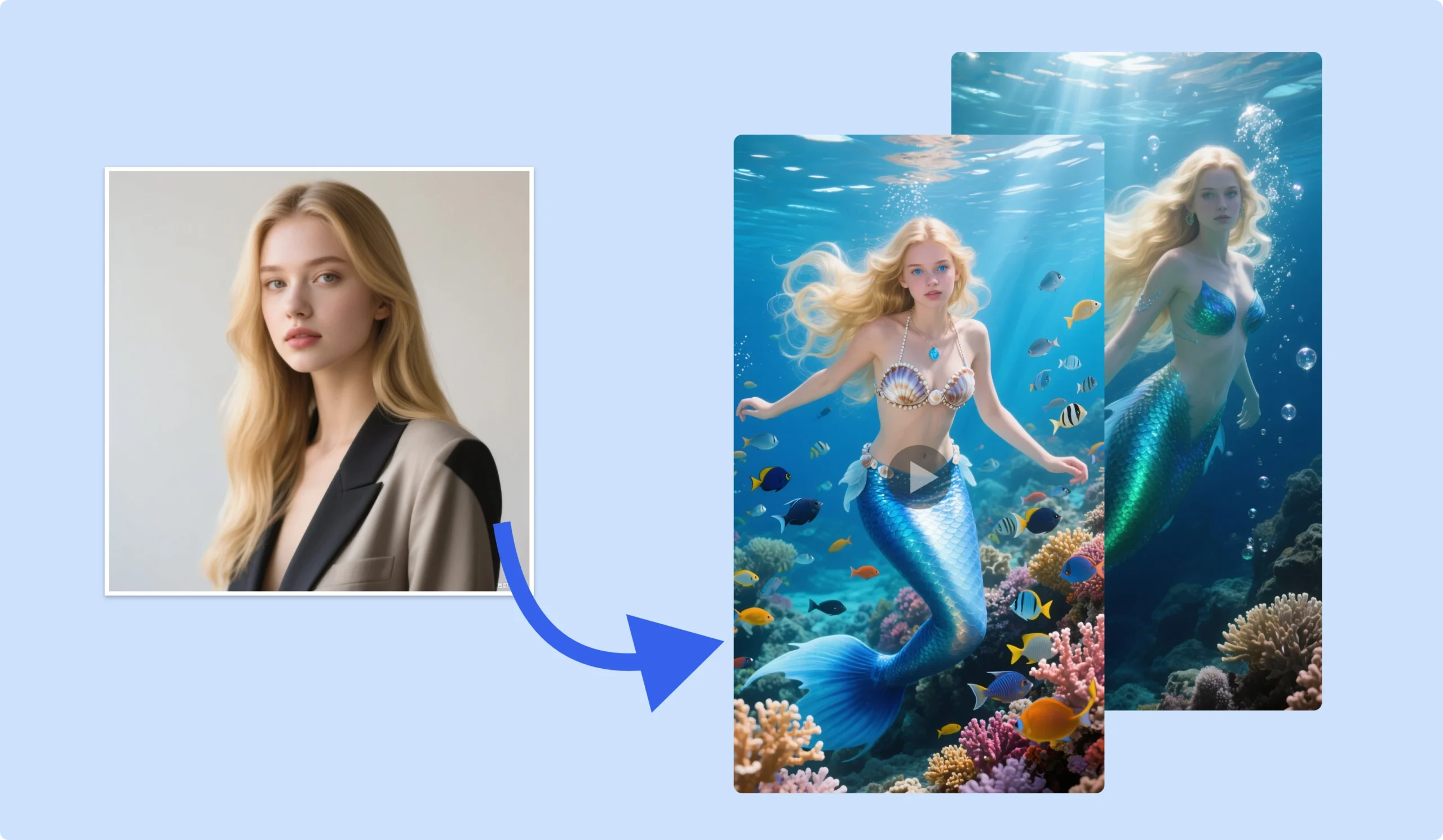 In just a few seconds, your animated mermaid video will be ready. Preview it right on the page and see your transformation come to life.