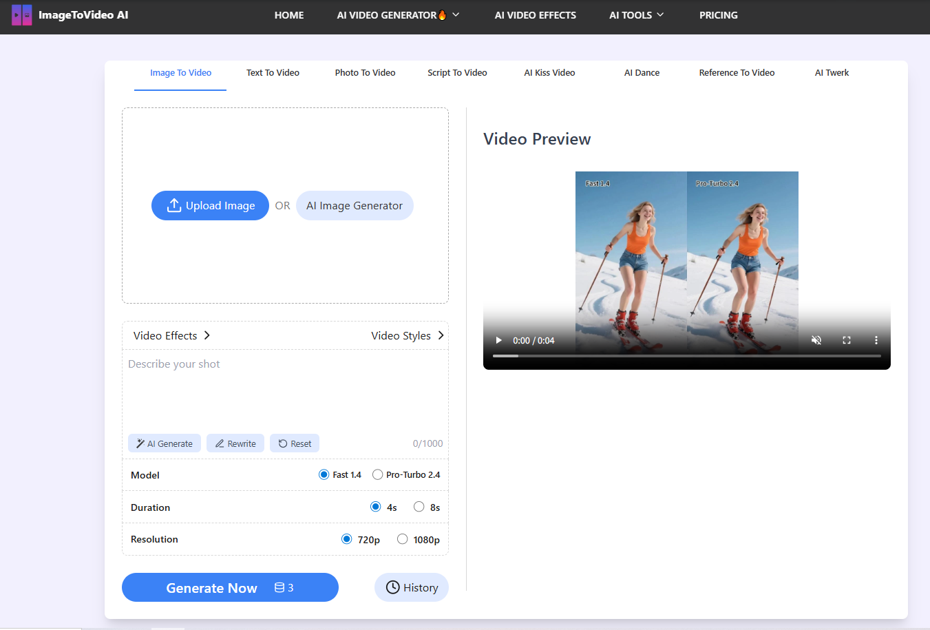 ImageToVideo AI is an advanced AI Video Generator platform designed to help users quickly transform static images, written scripts, or text prompts into engaging MP4 videos. 