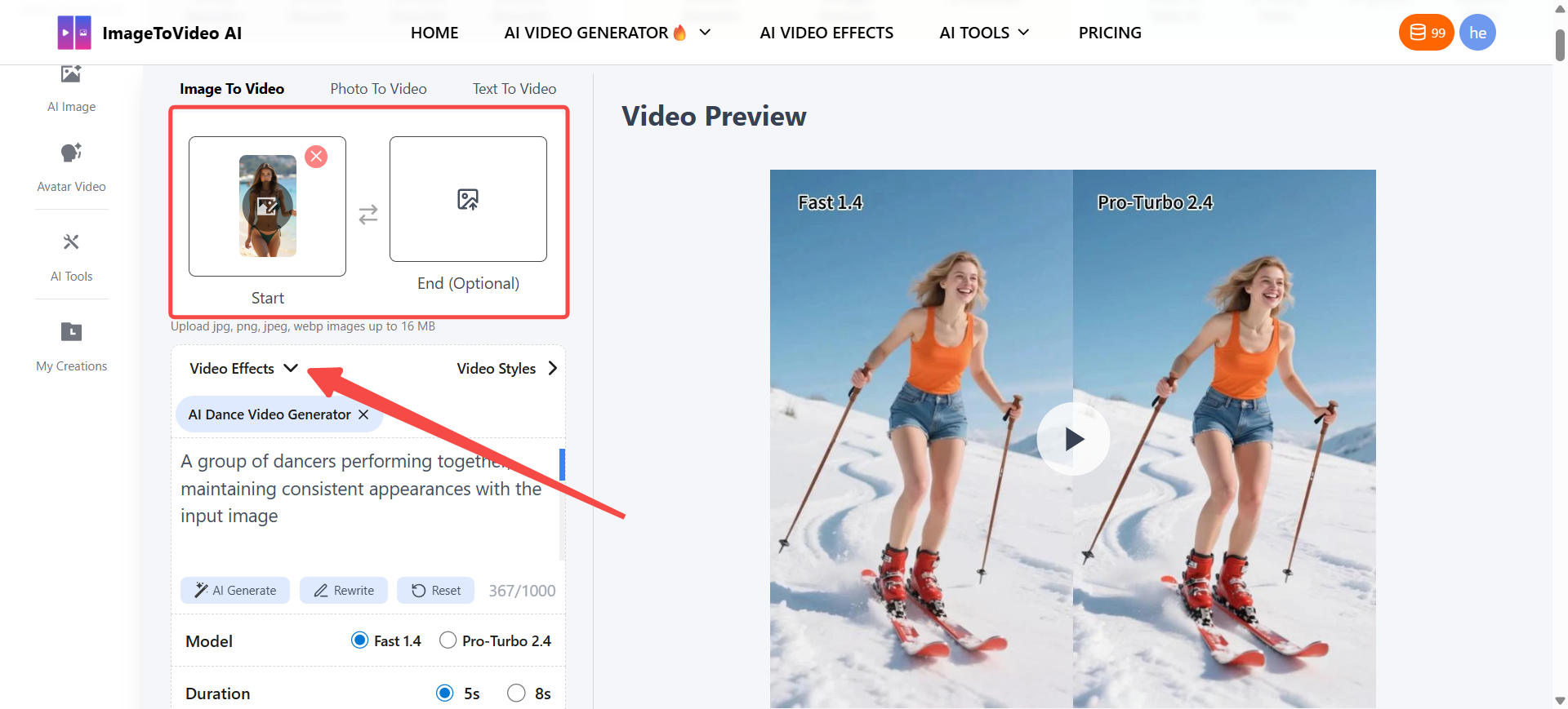 Step 1: Upload Image and Select Duration & Effect